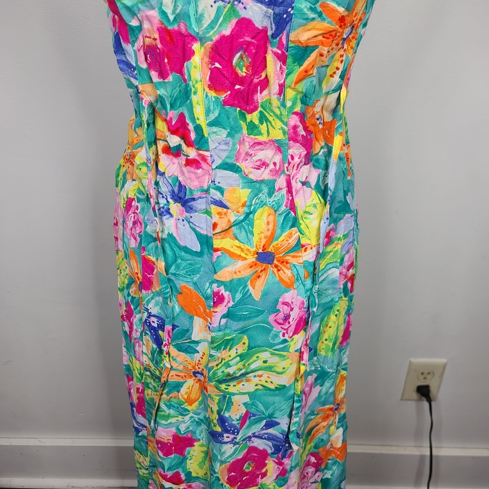 Vtg 80's/90's Jams World Bright Floral Tropical Print Back Tie Sash Midi Dress S - Picture 11 of 14